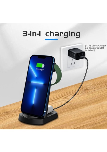 Yifomall Siyah Dikey Kablosuz Şarj Aleti + Telefon Tutucu 3'ü Bir Arada 15w Maksimum Akıllı Saat Ve Kulaklık Desteği