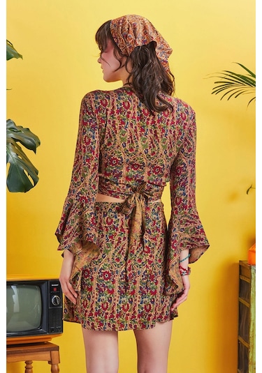 Los Banditos Bohem Stil Bordo Desenli Anvelop Mini Etek 001