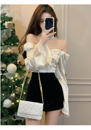 2023 Bahar Uzun Kollu Elbise Zarif Saten Bluz Kadın Ince Kare Boyun Y2k Giyim Kore Moda Rahat Gömlek Ofis Kadın Üstleri Bej