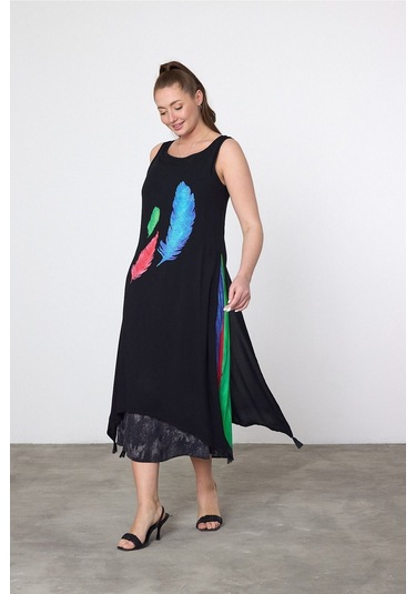 Schık Schık Kadın Yazlık Bol Kolsuz Rahat Baskılı Elbise Turkuaz