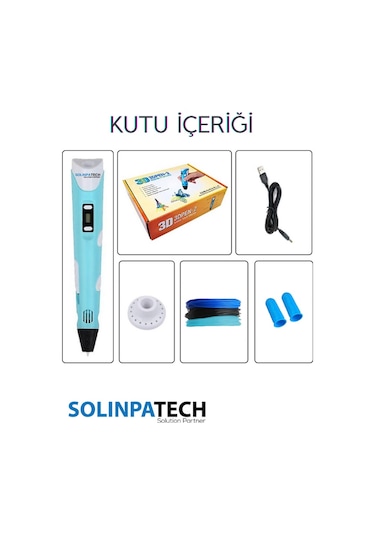 Mavi 3D Kalem 3D Pen 3 Boyutlu Yazıcı Kalem 3 Renk 9 Metre Filament + USB KABLO