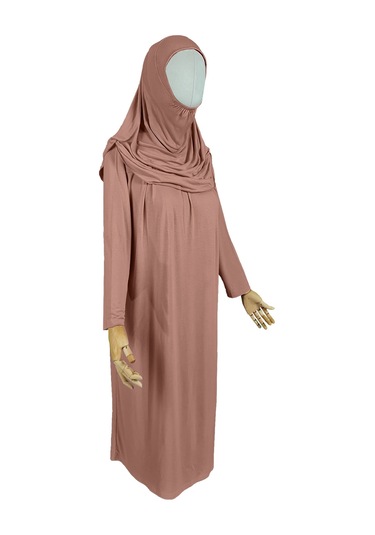 Pratik Tek Parça Organik Kız Çocuk Namaz Elbisesi Toprak Kahverengi