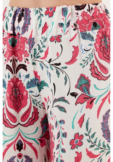 Lela Desenli Beli Lastikli Bol Paça Rahat Kesim Bayan Pantolon 5865217 Beyaz-Fuşya
