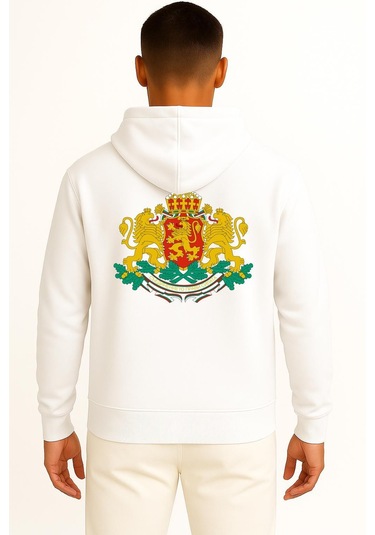 Kapüşonlu Coat Of Arms Of Bulgaria Kingdom Of Bulgaria Cep Ve Sırt Tasarımlı Unisex Sweatshirt Beyaz