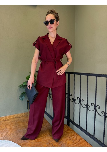 Ali Butik Bordo Kuşaklı Keten Yelekli Takım