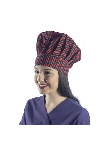 Kırmızı Siyah Çizgi Desenli Aşçı Mantar Şapka - Unisex