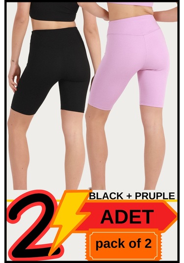 Kadın Yüksek Bel Toparlayıcı Kısa Siyah & Lila Şort Tayt 2'li Paket Lycralı Biker Shorts 21070 Siyah - Lila