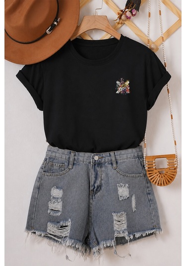 Spoyi Exquisite Bloom Tasarımlı %100 Pamuk Yarım Oversize Siyah T-lhirt