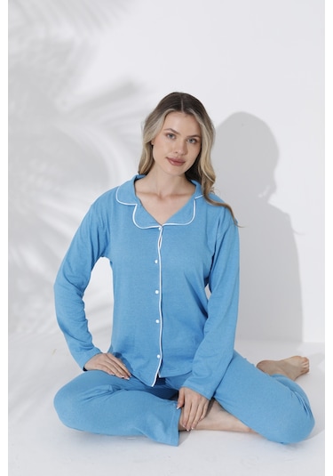 Gömlek Uzun Kol Pijama Takımı Mavi
