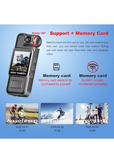 Xuweiwei Anyazhıneng Black Klipsli Spor Kamerası 1080p Fhd 180 Derece Döner Lens 1000mah Pil Döngü Kayıt