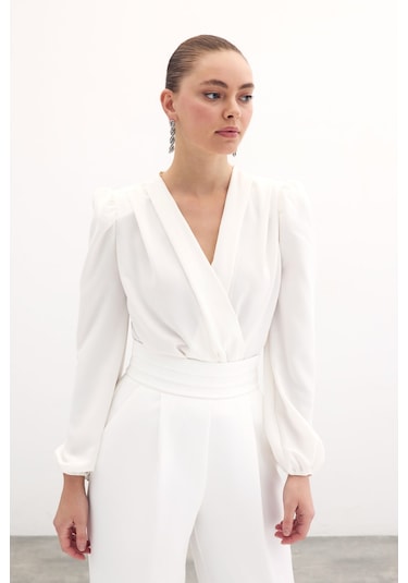 Sateen Kruvaze Vatkalı Bodysuit - Ekru