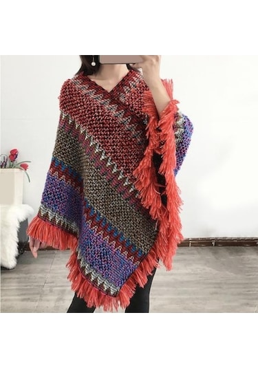 Novahub Mavi Bohem Sonbahar Örme Ceket Örme Rahat Sonbahar Kış V Yaka Renkli Düzensiz Etek Pelerin Ceket Kazak Mavi - M Mavi