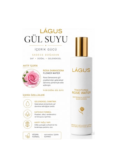 Lágus Rosa Damascena Katkısız Gül Suyu Cam Şişe 100 ML