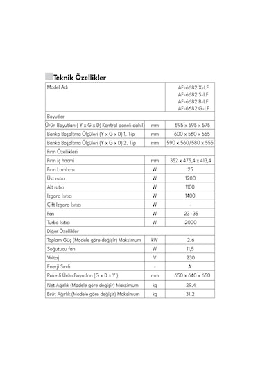 Vestel AF-6682 B-LF 70 LT Ankastre Fırın