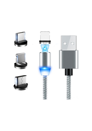 Skycity 2m Uzunluklu Nylon Alüminyum三合一magneşli Şarj Kablosu - Micro Usb, Type-c, Lightning Uçları, Led Gösterge, Sık Tak-çık Olmadan, 5v 2.4a Hızlı Şarj, Gümüş Renk