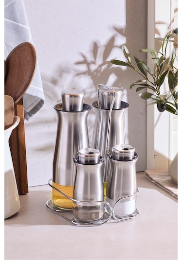 Inox 4'lü Standlı Yağlık-sirkelik Takımı Seffaf Şeffaf