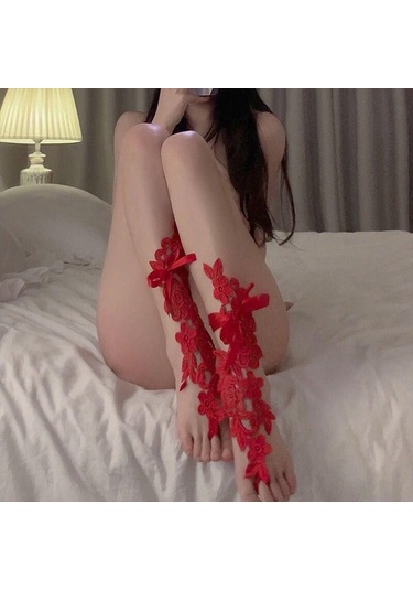 Seksi Dantel Halhal Kadın Siyah İpek Bağcıklı Oyuk Çoraplar, Aksesuarlı Güzel Bacaklar, Fotoğraf Artefaktında Çok Yönlü, Dantel Halhal Kırmızı