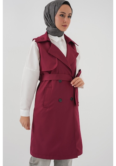 5911 Kruvaze Yaka Trençkot Yelek - Bordo Bordo