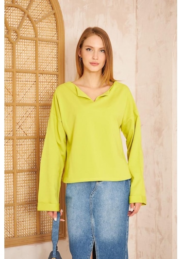 Kadın Ekstra Uzun Duble Kol / Yakası Yırtmaçlı Salaş Sweatshirt Bluz 3470190 Yağ Yeşili