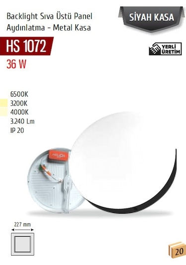 36w Backlight Sıva Üstü Panel, Siyah Kasa Hs 1072 Siyah