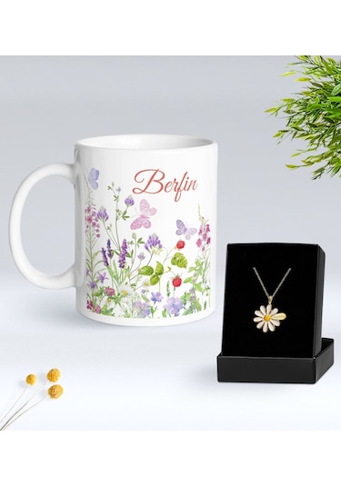 Bk Gift Kişiye Özel İsimli Çiçek Tasarımlı Beyaz Kupa Ve Papatya Kolye Hediye Seti - 12, Sevgiliye Hediye, Anneye Hediye, Arkadaşa Hediye Kobitmeyenco