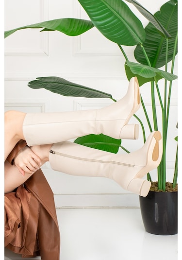 Günlük Kadın Yüksek Kalın Topuklu Fermuarlı Diz Altı Rahat Çizme 3001 Bej