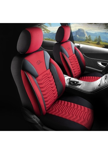 Panda Paris Serisi Pike Kumaş Oto Koltuk Kılıfı Tam Set Kırmızı - Siyah