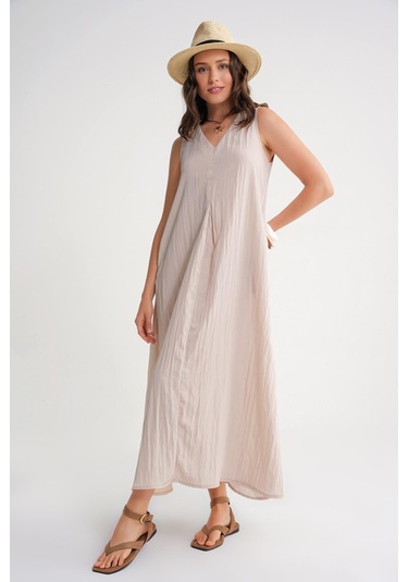 4700 Kadın V Yaka Önü Pileli Elbise Taş Taş