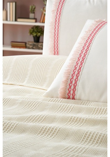 Tivoli Çift Kişilik Dantelli 4 Parça Pike Takımı Çeyizlik-melanie-krem Krem Krem