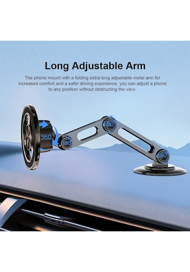 Monyee Alüminyum Magsafe Araç Telefon Tutucu, 360 Döner, Uzun Genişletilebilir Kollü, Çarpıcı Manyetik Tutma Gücü, 2 Manyetik Çember Ve 2 Yedek Yapıştırıcı İle, Gümüş