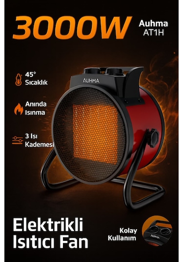 Auhma At1h Elektrikli Isıtıcı Fan Kırmızı 3000w Hızlı Isınma, 3 Kademeli Ayar, Sessiz Ptc Isıtma T