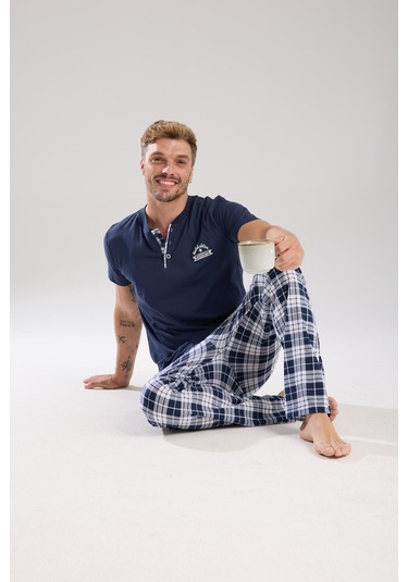 Akbeniz Erkek Lacivert Düğmeli Yaka Kısa Kol Pijama Takımı