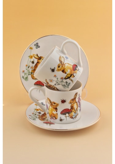 Retro Tavşan Altın Yaldızlı İki Kişilik Kahve Fincan Takımı Beyaz - Altın