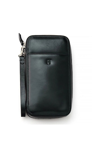 Carlye Hakiki Deri Siyah Uniseks Ön Cepli Bileklikli Fermuarlı Rfid Korumalı Çanta Siyah