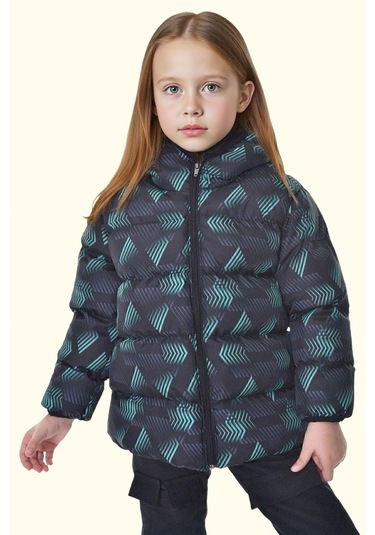 Kız Çocuk Dijital Desen Polar Su Ve Rüzgar Geçirmez Kapüşonlu Şişme Kışlık Mont Siyah - Yeşil