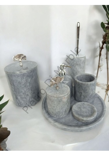 Gri Mermer Klasik Model 7 Parça Gümüş Renk Japon Gülü Aksesuarlı Banyo Seti Gri