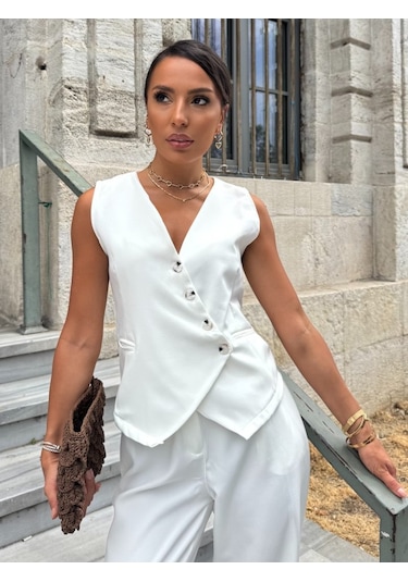Ahes Shopping Kadın Sıfır Kollu Çapraz V Yakalı Önden Düğmeli Atlas Yelek Ve Pantolon Ikili Takım Beyaz