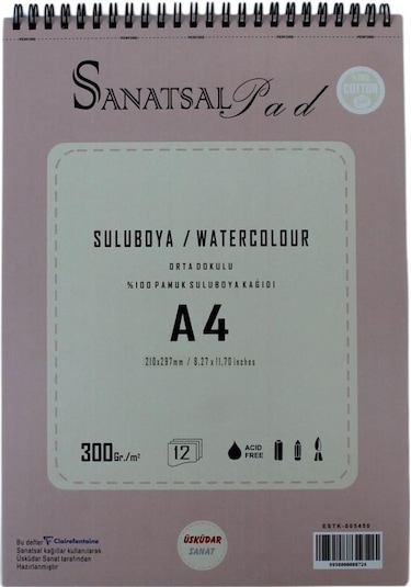 Sanatsal Pad Sulu Boya Resim Defteri A4 300gr 12 Yaprak Spiralli