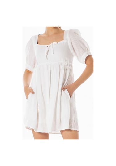 Kısa Kol Lara Kare Yaka Bağlama Detaylı Yazlık Müslin Elbise Beyaz Byz-beyaz