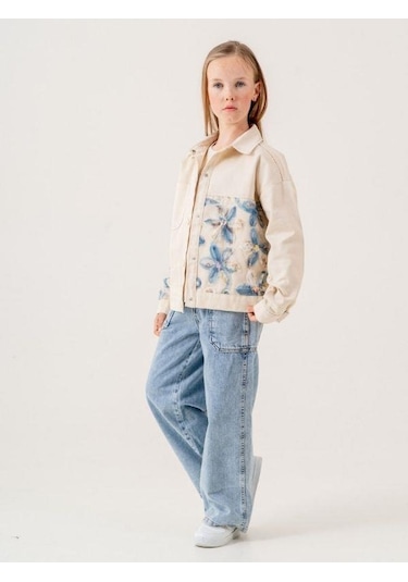Kız Çocuk Çiçek İşlemeli Kot Ceket T-shirt İkili Takım-15600 Bej