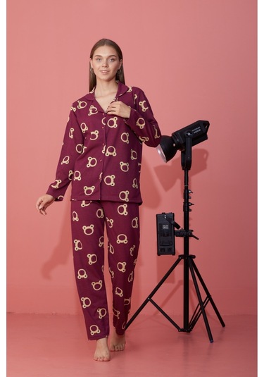 Kadın Mevsimlik Pamuklu Penye Pijama Takımı Önden Düğmeli Bordo