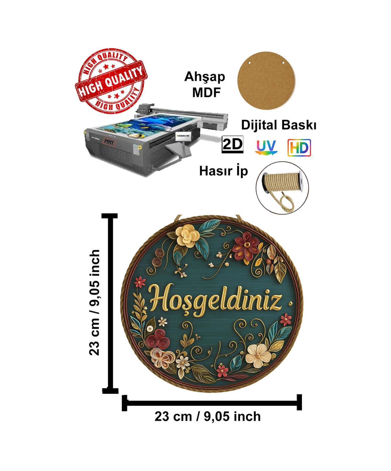 Kapı Süsü Ahşap Mdf "welcome" Yazılı - Çiçek Desenli - 2d Flat