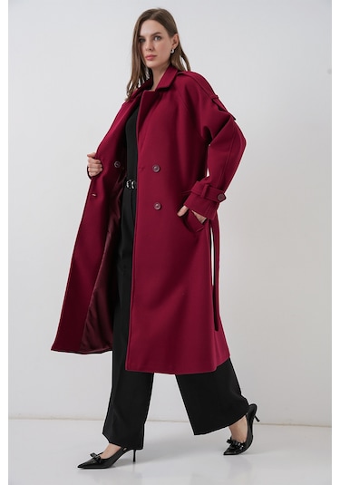 Kadın Kuşaklı Kaşe Kaban 9161 - Kırmızı Kırmızı