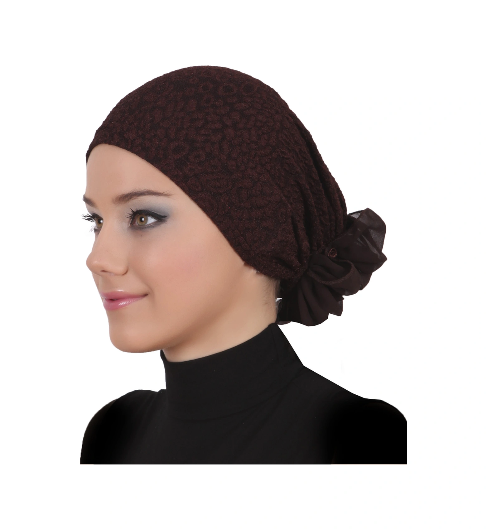 Brokar Tüllü Kahverengi Hazır Türban Tesettür Bone Kahve