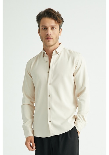 Redline Flex Slim Fit Yumuşak Kolay Ütü Nefes Alan Erkek Gömlek Bej