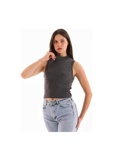 Kadın Likralı Kolsuz Crop Bluz Antrasit