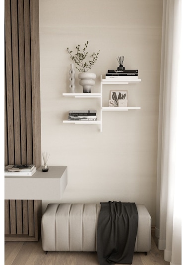 Aju 4 Katlı Duvar Rafı Metal Çerçeveli Dekoratif Kitaplık Ve Raf Ünitesi Modern Tasarım Beyaz