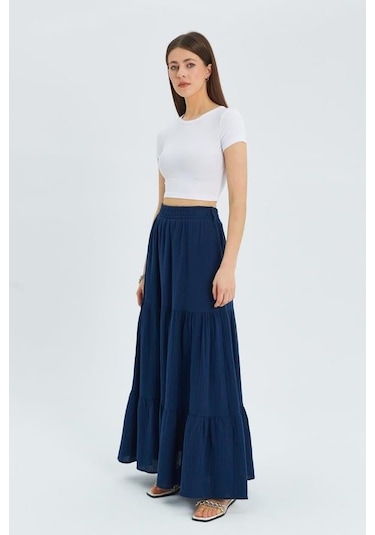 4567 Kadın Fırfırlı Uzun Müslin Etek Lacivert Lacivert