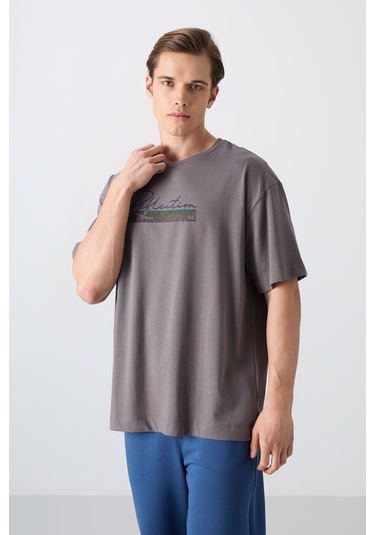 Tommy Life Koyu Gri Pamuklu Kalın Yumuşak Dokulu Oversize Fit Baskılı Erkek T-shirt - 88334 Koyu Gri