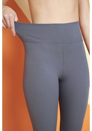 Haki Yüksek Bel Fitilli Toparlayıcı İnterlok Örme Şardonlu Spor Kışlık Tayt Antrasit